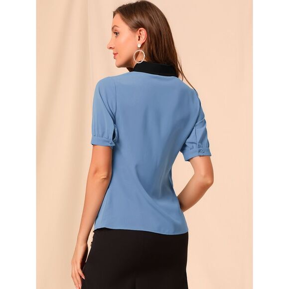 Contrast Collar Tie Ruffle Front Button Short Sleeve Shirt Dusty Blue - Picture 5 of 6